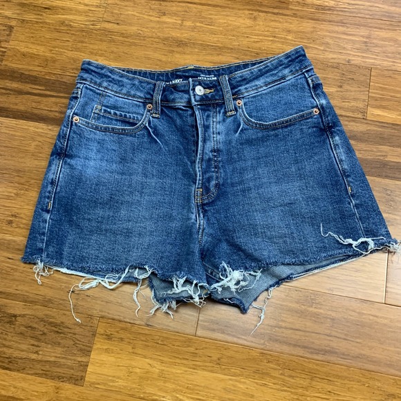 Old Navy Pants - Old Navy Sky Hi A Line Denim Shorts Womens Size 6 Raw Hem Blue Button Fly Summer